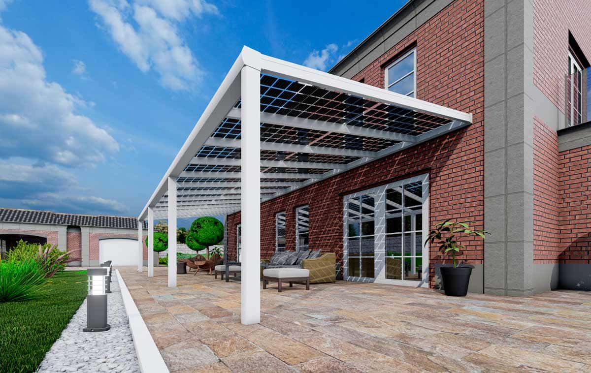 Solardach 7480 Watt/p auf einer Terrassenüberdachung in Weiß mit 22 Photovoltaik Paneele  