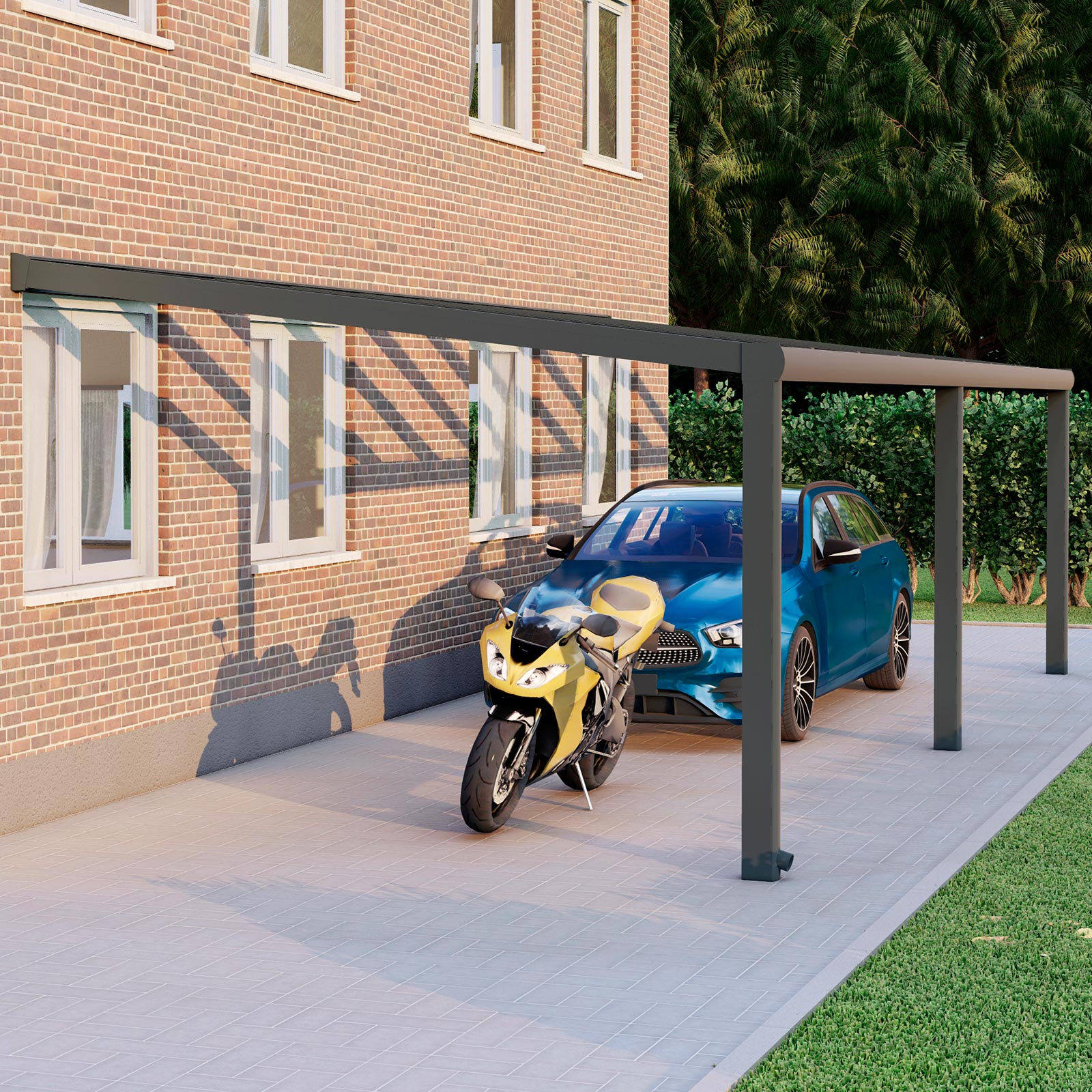 Alu Carport, Anthrazit in 9x4m | 9x3,5m von Seite rechts