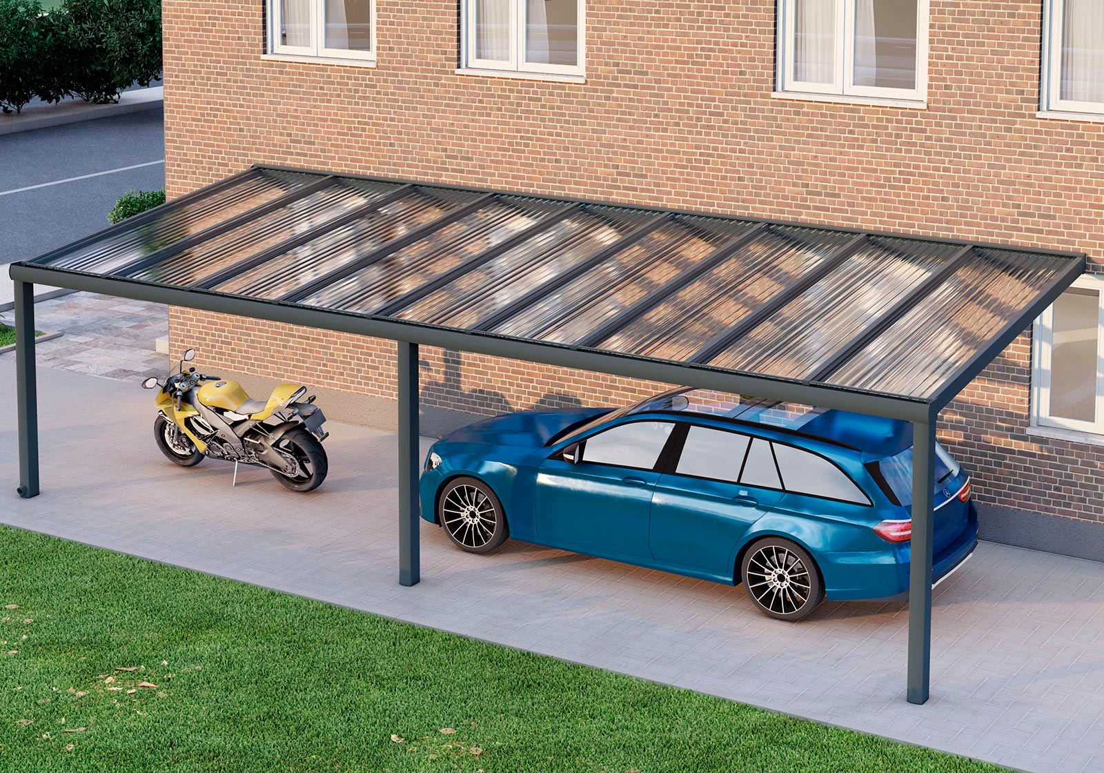 Alu Carport, Anthrazit in 9x3m | 9x2,5m von Seite rechts